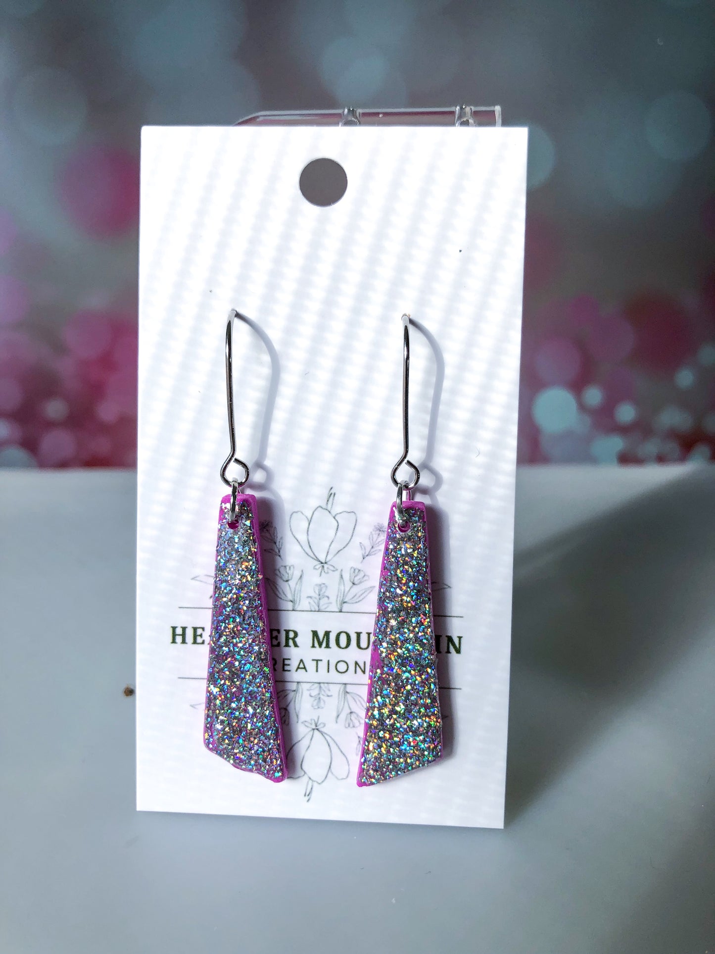 Pretty in Pink- Neon purple with holographic glitter resin glazed ribbon dangle