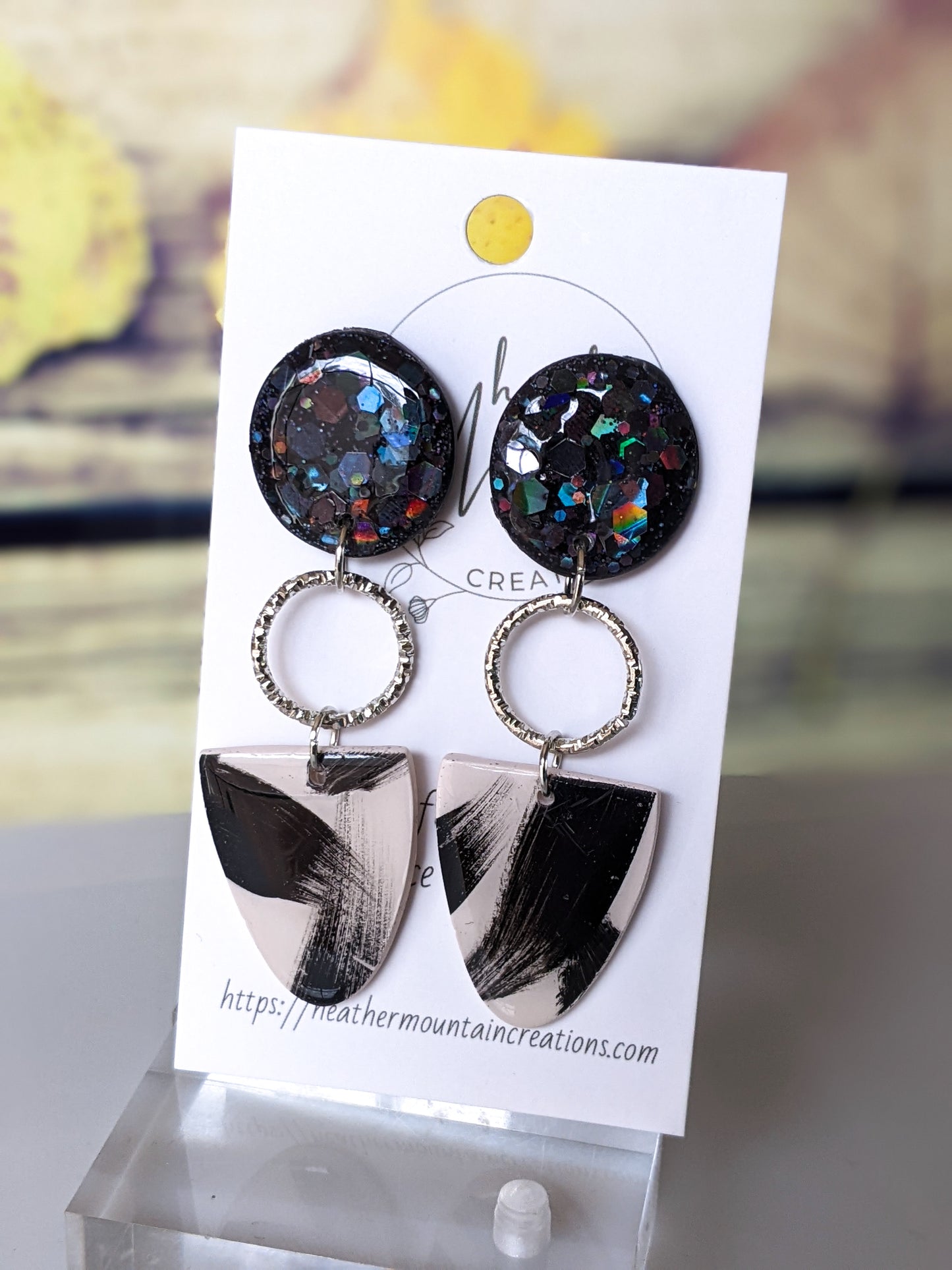 Brushstroke- Cream with black brushstrokes statement earring with holographic resin glazed circle stud and silver bezel