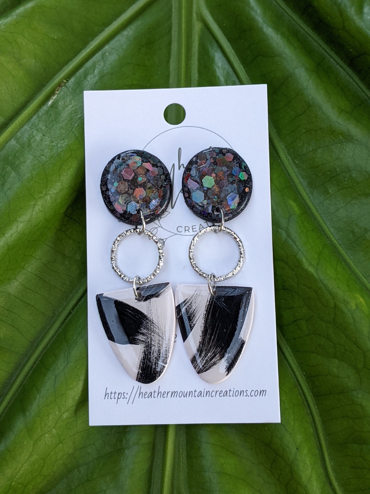 Brushstroke- Cream with black brushstrokes statement earring with holographic resin glazed circle stud and silver bezel