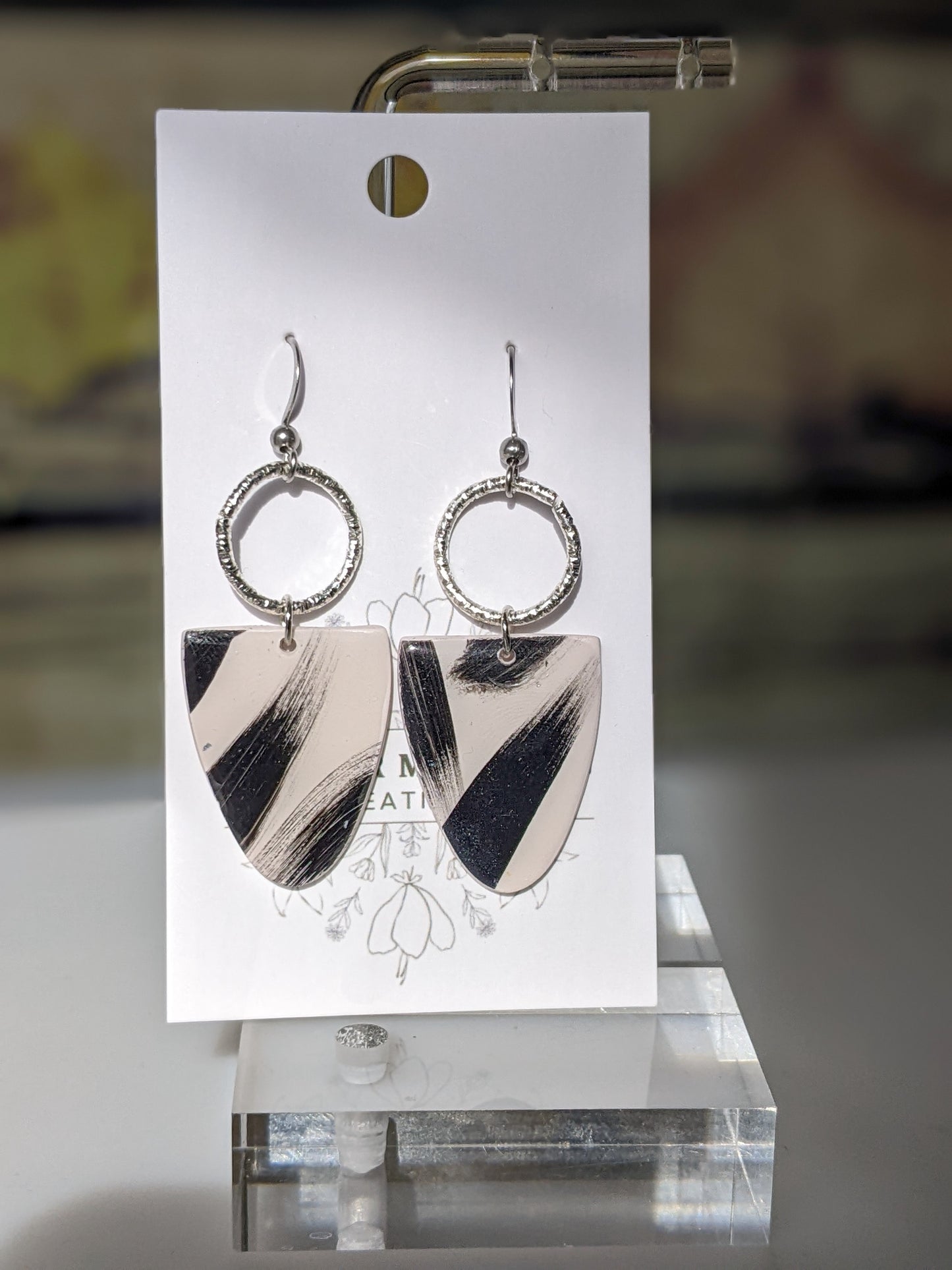 Brushstroke- Cream with black brushstrokes statement earring with silver bezel