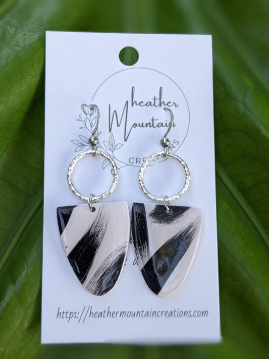 Brushstroke- Cream with black brushstrokes statement earring with silver bezel