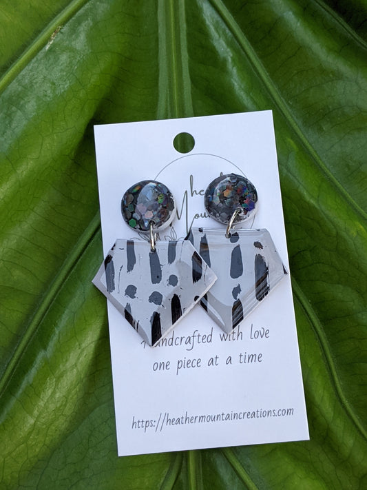 Brushstrokes- Grey with black painted dashes Diamond shape drop statement earring with holographic resin glazed circle stud