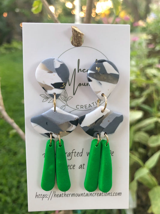 Boho Vintage- Monochrome drop stud and green drop dangles