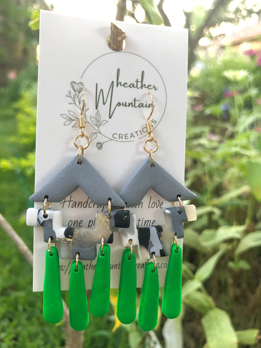 Boho Vintage- Grey-Monochrome and green drop dangles