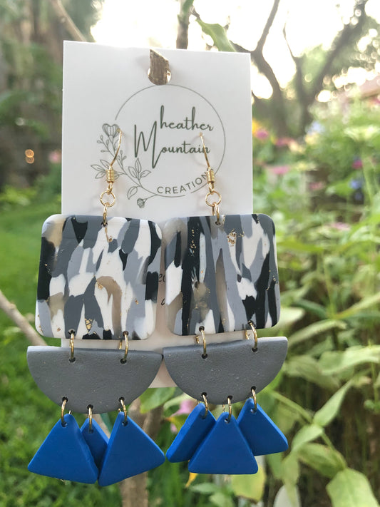 Boho Vintage- Monochrome square with grey half circle and blue triangle dangles