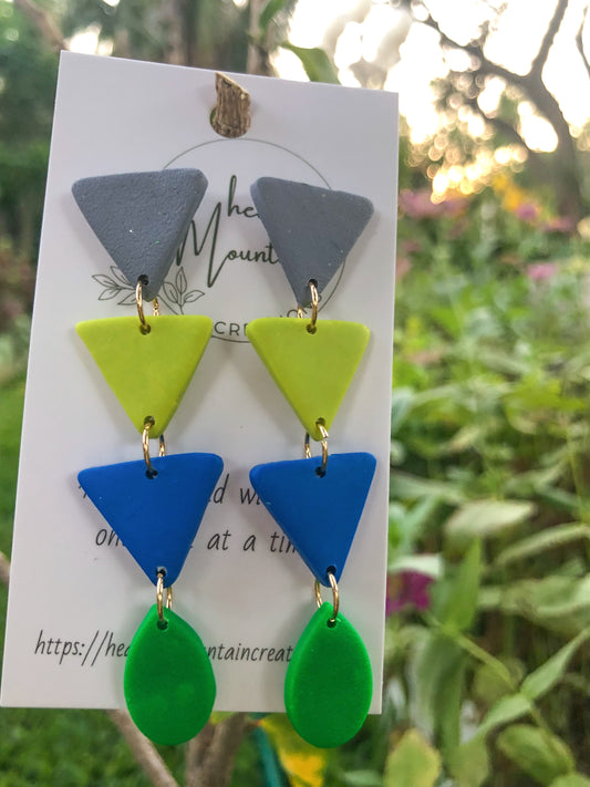 Boho Vintage- Green, Neon Yellow, Blue Triangles with Green drop dangle.