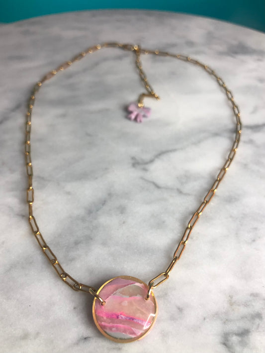 Pretty in Pink- Stainless Steel gold plated paper clip necklace with marbled clay resin glazed circle.