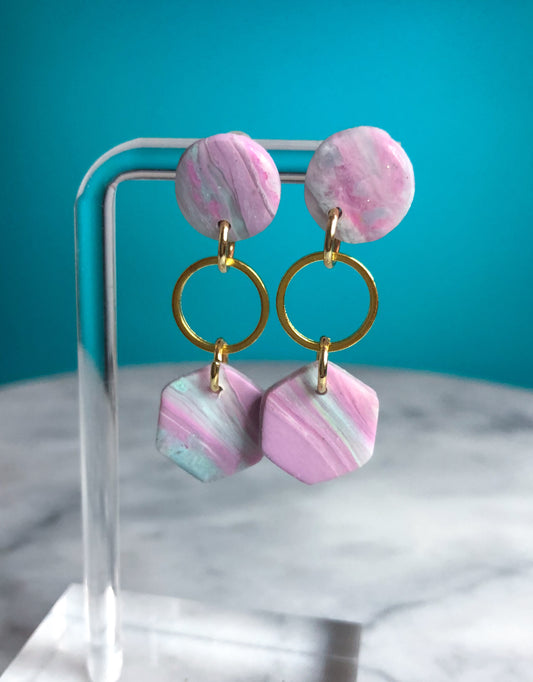 Pretty in Pink- Marbled clay circle stud with open bezel gold circle and hexagon dangle.