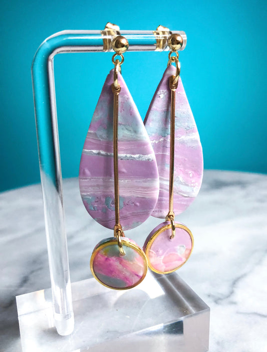 Pretty in Pink- Large marbled drop with resin glazed circle pendulum dangle.